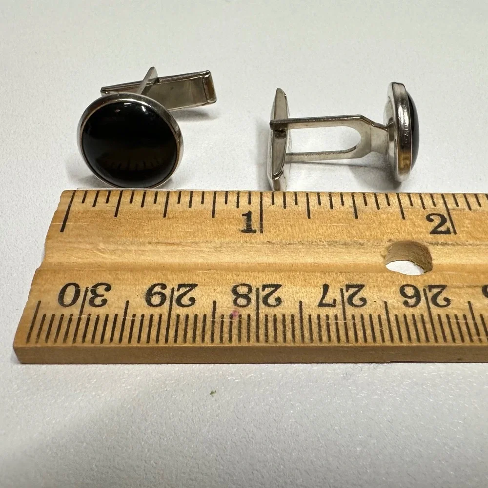 Vintage Pioneer Cufflinks Black Stone Silver‎ Tone Round Mens